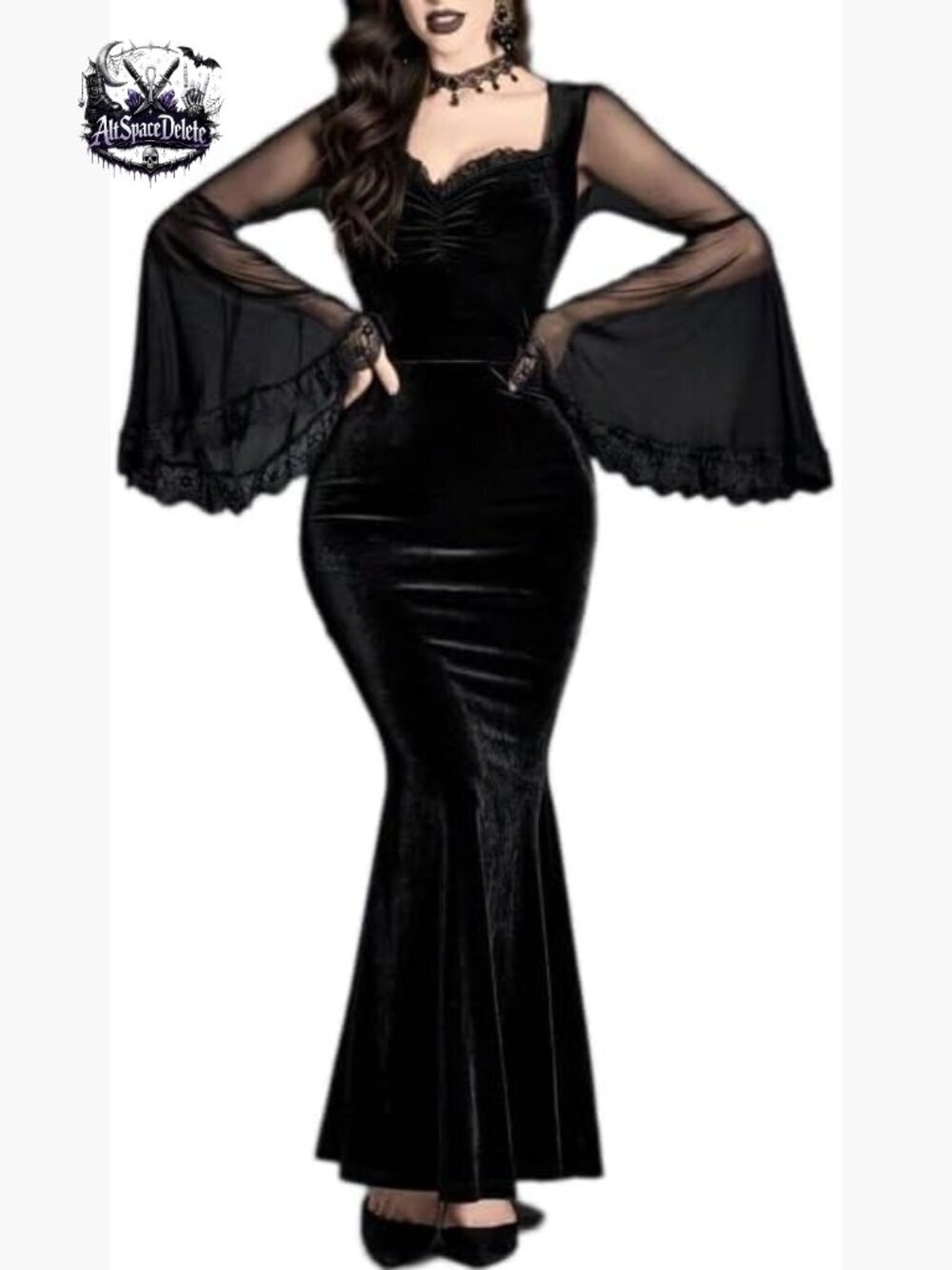 Gothic Velvet Mermaid Dress with Mesh Flounce Sleeves, Formal Evening Wear